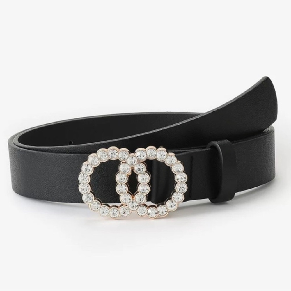 Black Vegan Leather Belt with Crystal Double “O”